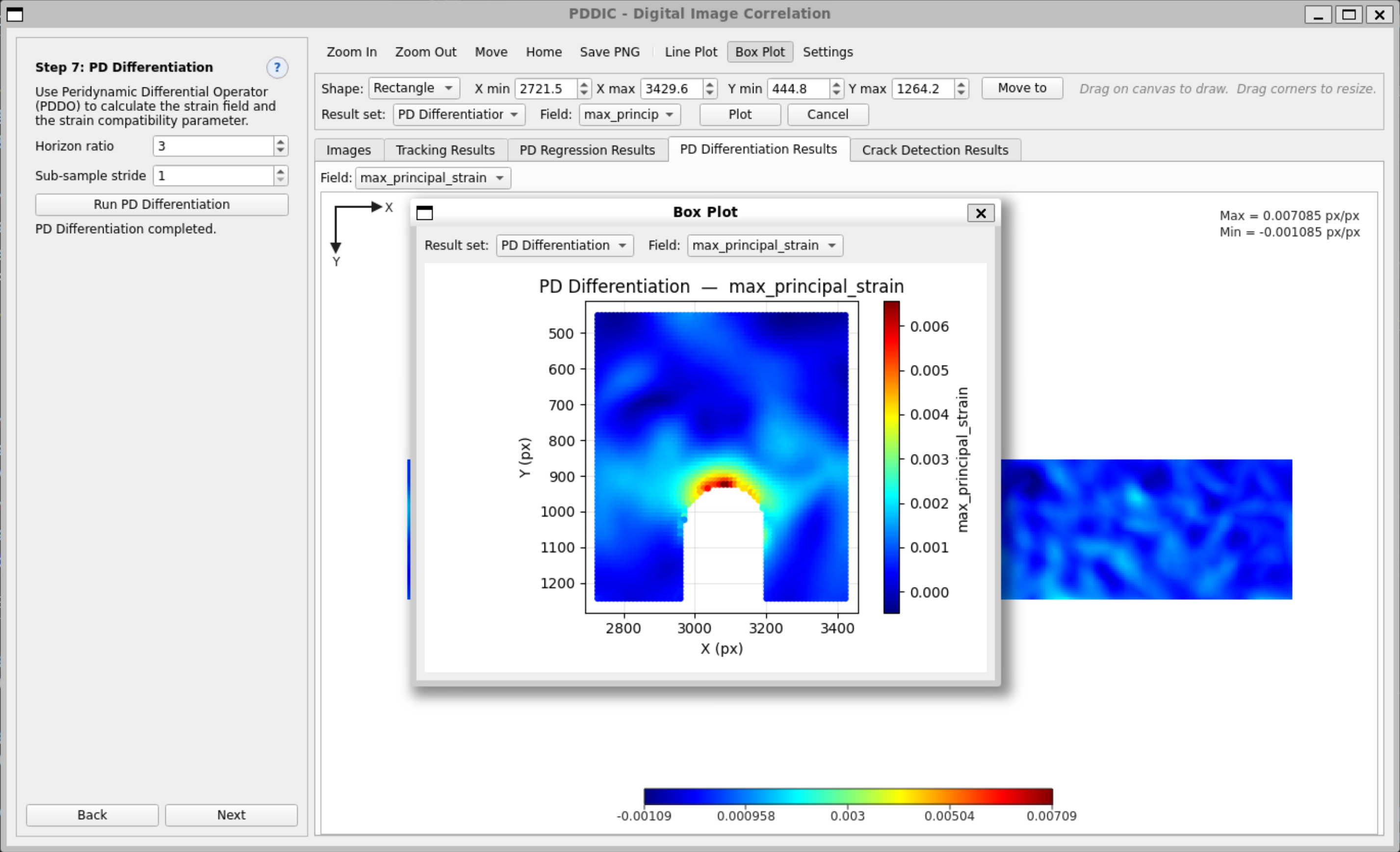 Box Plot post-processing tool showing max principal strain inside a selected region