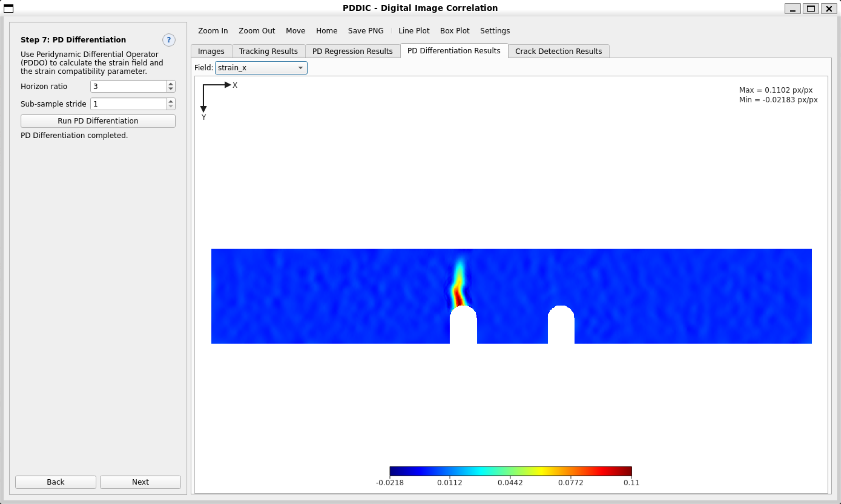 Step 7 — normal strain field strain_x from first-order PDDO differentiation