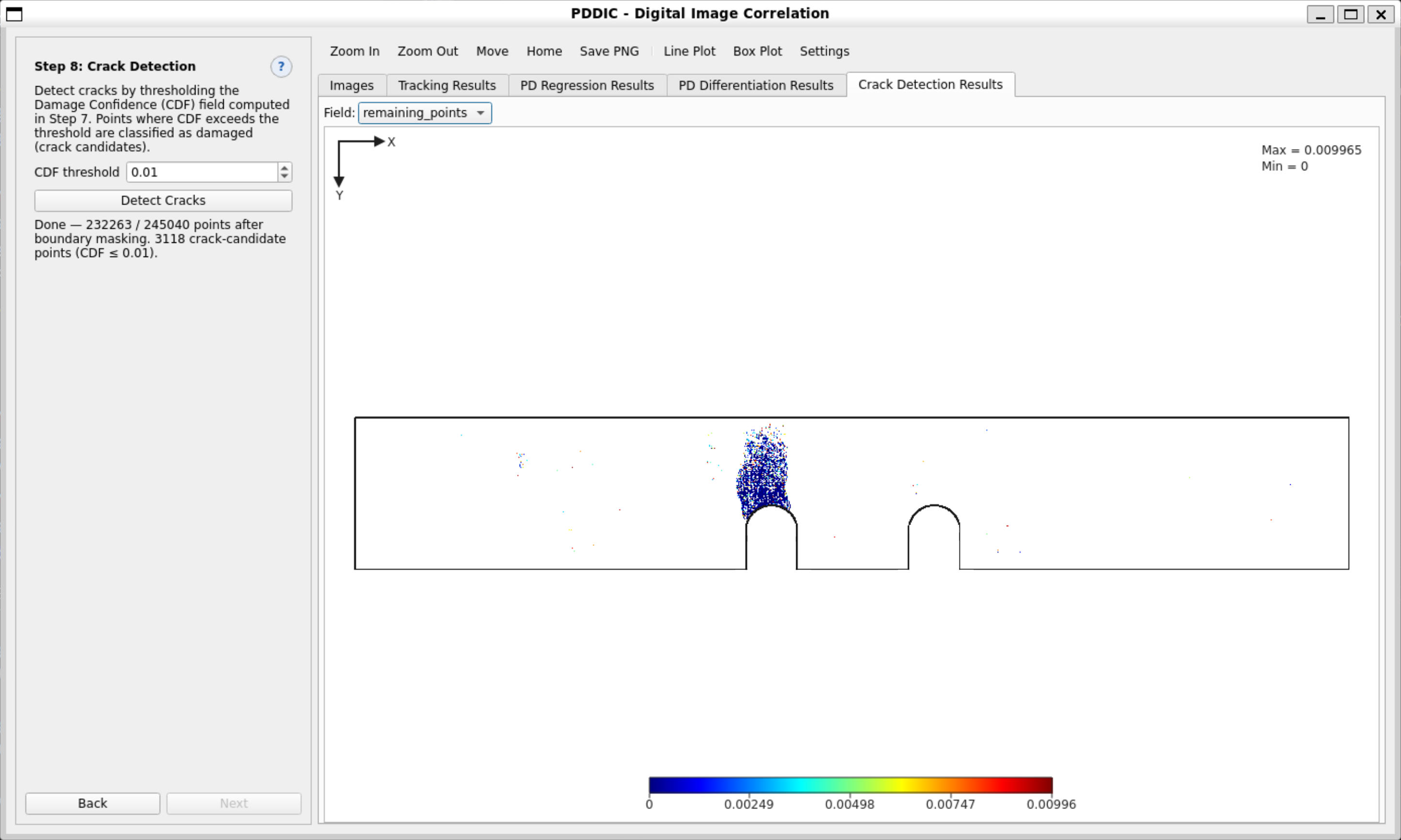 Step 8 — crack-candidate points remaining after boundary masking and CDF thresholding