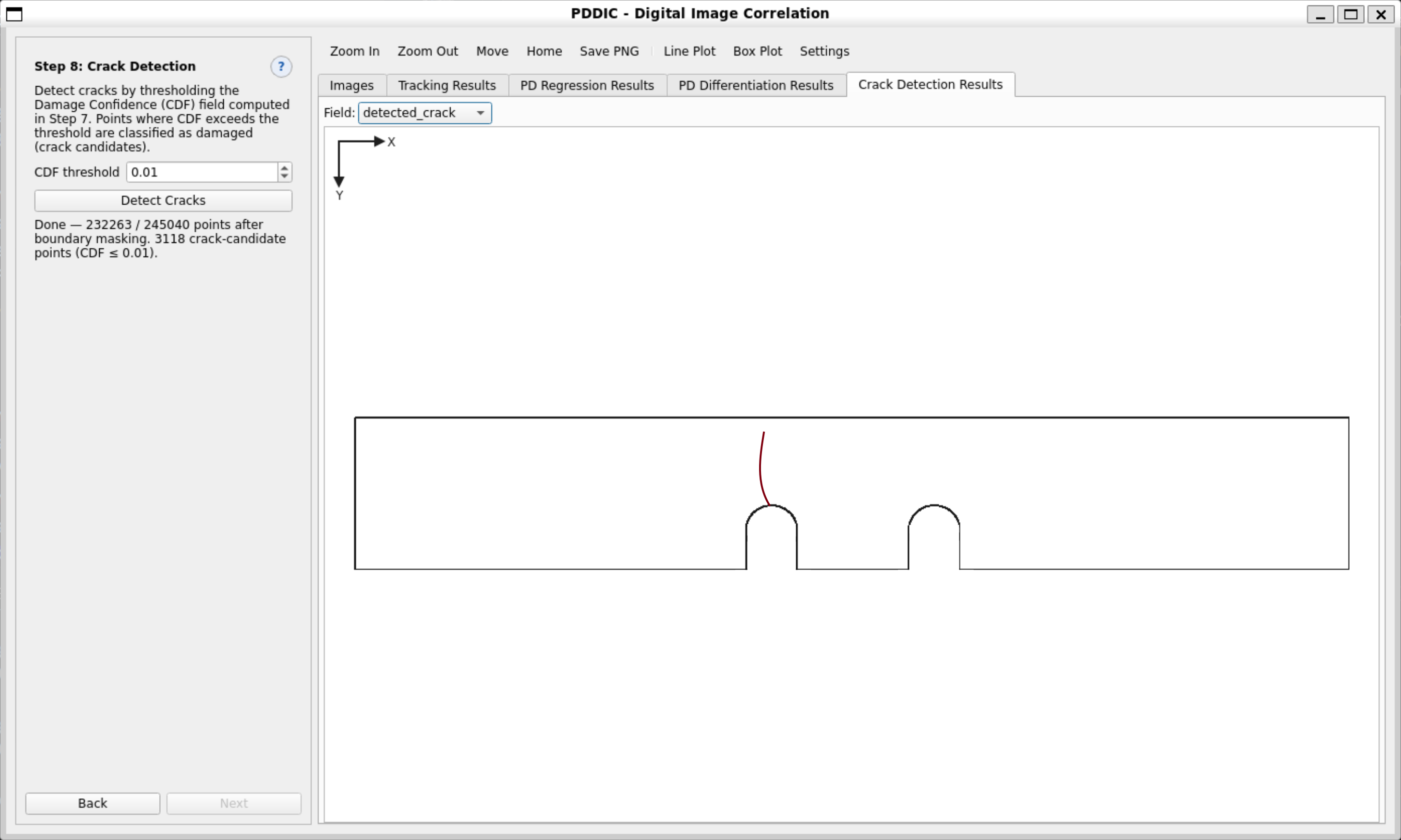 Step 8 — the predicted continuous crack path drawn through the damage zone