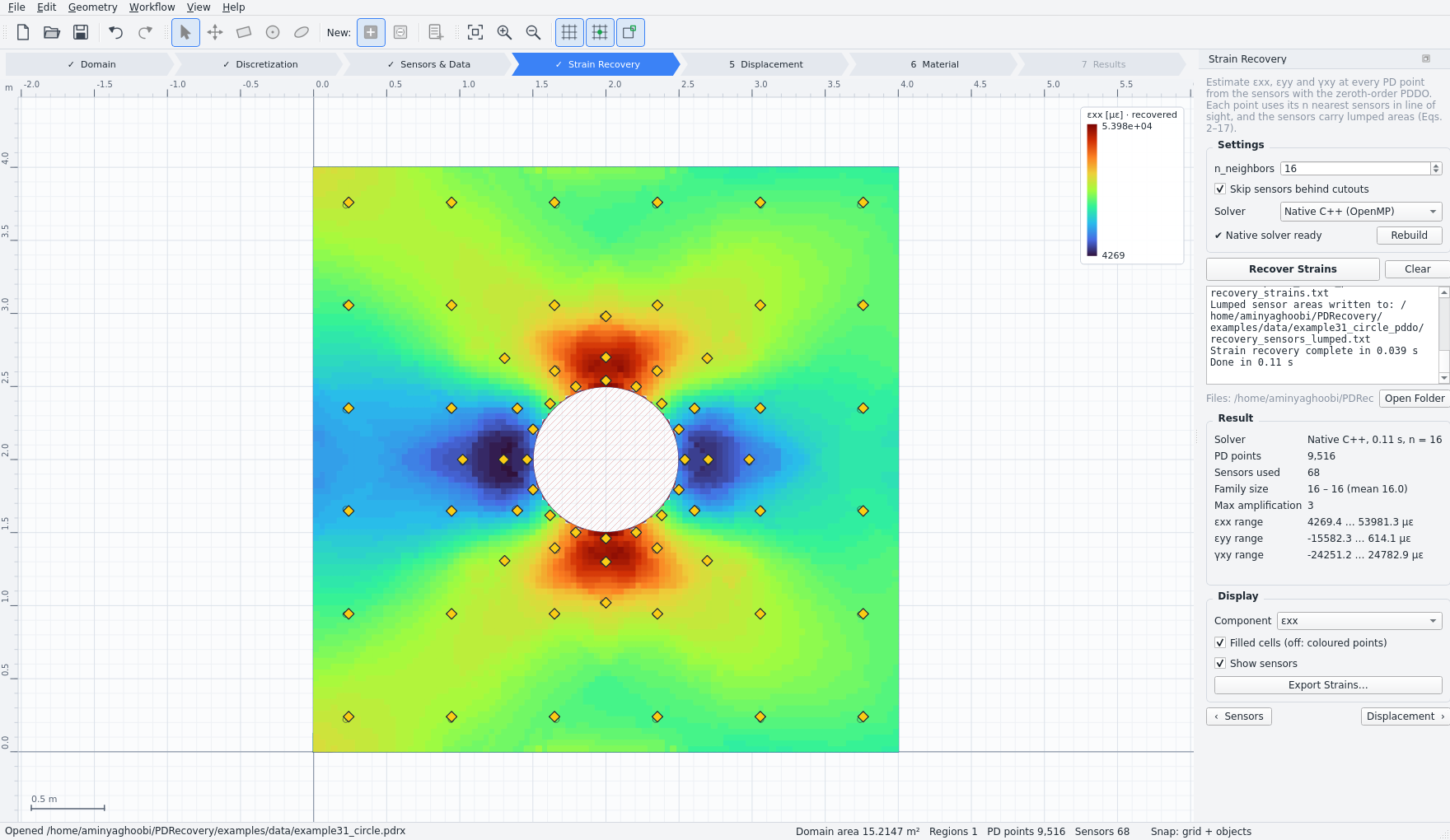 Step 4 — recovered normal strain field around a circular cutout