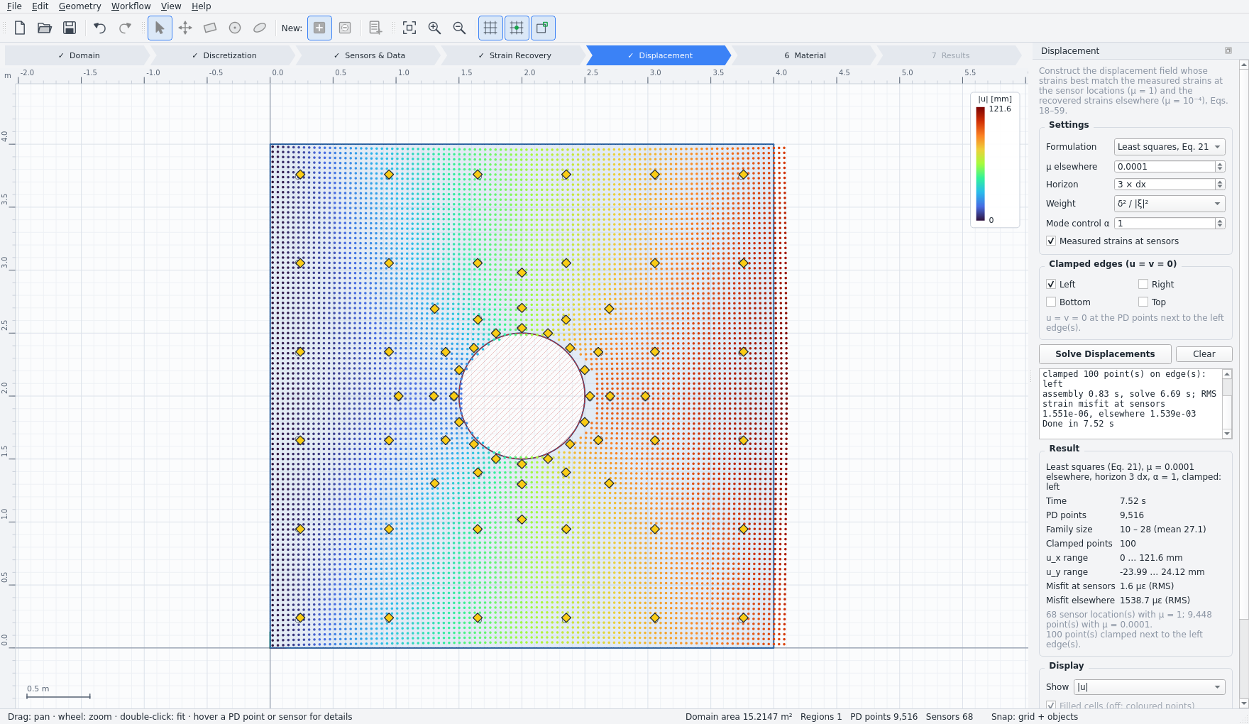 Step 5 — deformed shape of the plate coloured by displacement magnitude