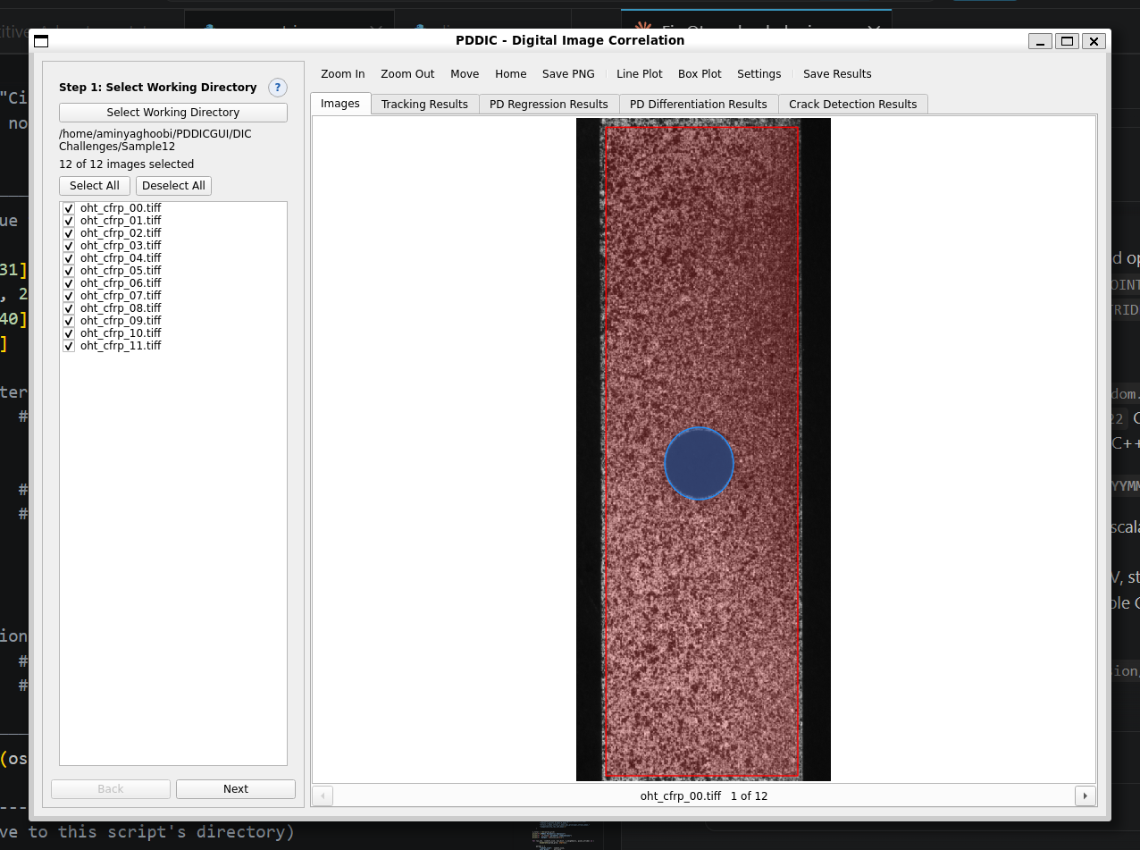 Step 1 &mdash; the open-hole specimen with the analysis domain and a circular cut-out drawn on the reference image