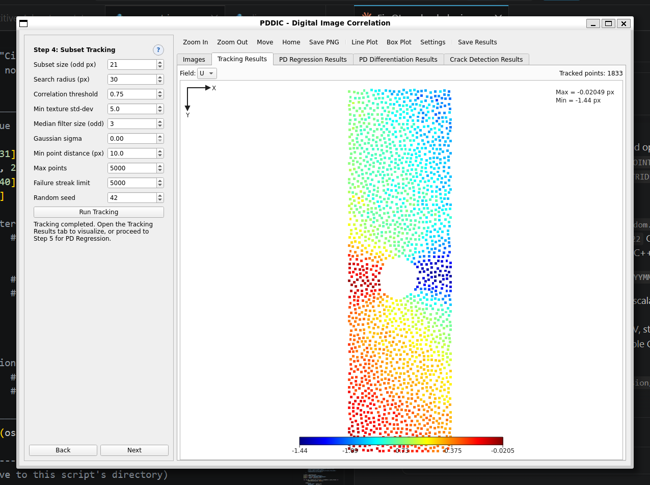 Step 4 &mdash; horizontal displacement U measured at the tracked subset centres